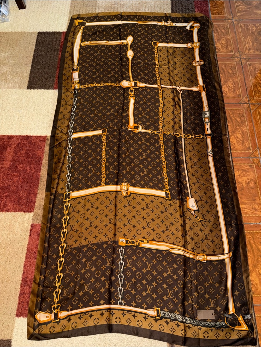 “Lock & Key” Brown/Gold 100% Soie Silk Scarf Wrap- NWT